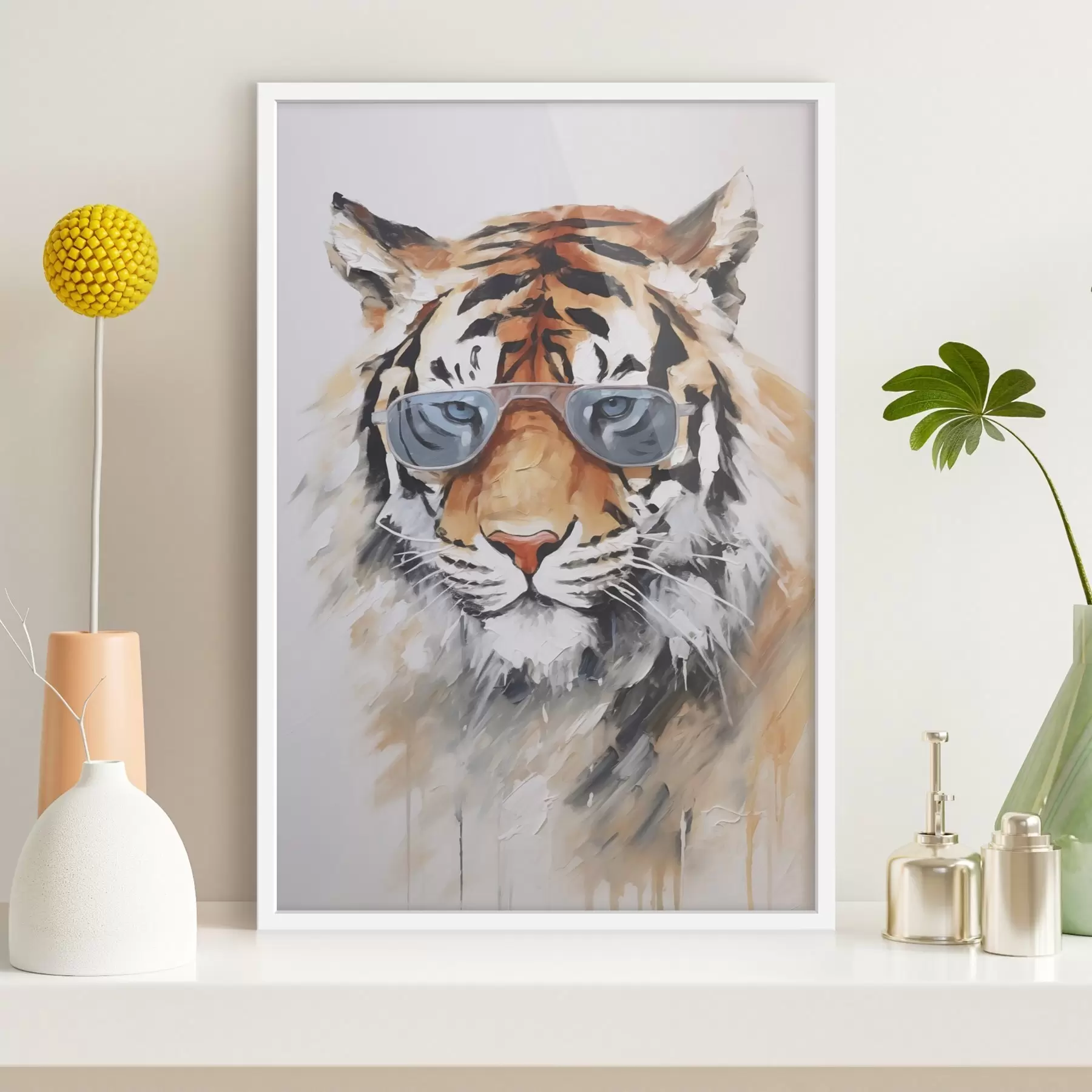 Fotobehang Tijger met bril imitatie schilderij f48319