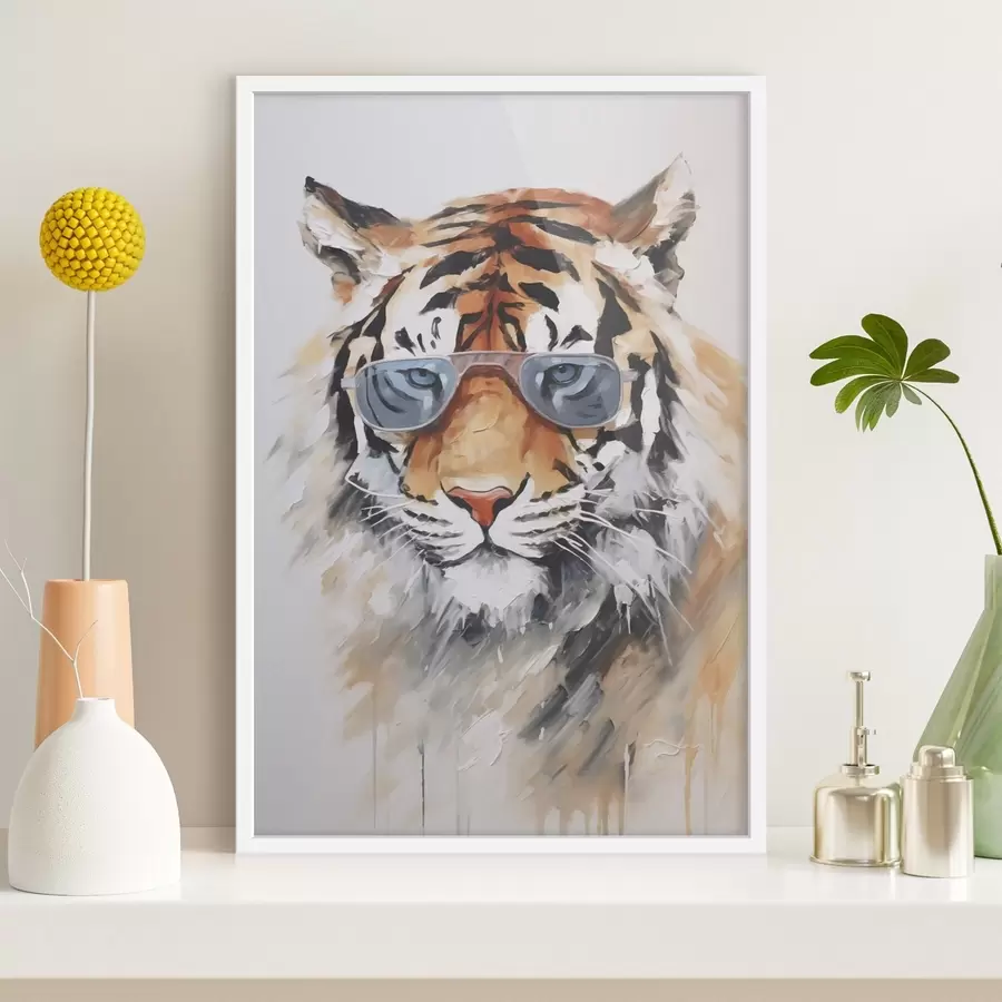 Fotobehang Tijger met bril imitatie schilderij f48319