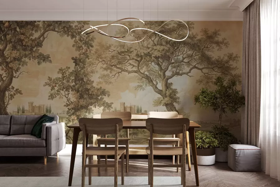 Fotobehang Pastorale landschap in geborduurde stijl w05359