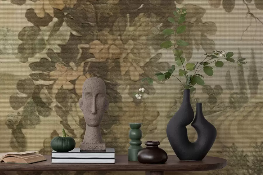 Fotobehang Pastorale landschap in geborduurde stijl w05359