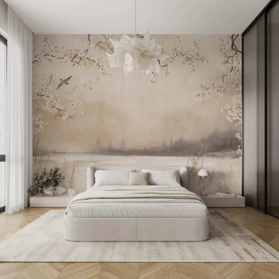 Fotobehang Delicate bloeiende takken aan het meer met vogels in lichte mist w05155