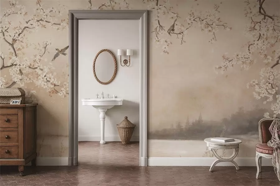 Fotobehang Delicate bloeiende takken aan het meer met vogels in lichte mist w05155