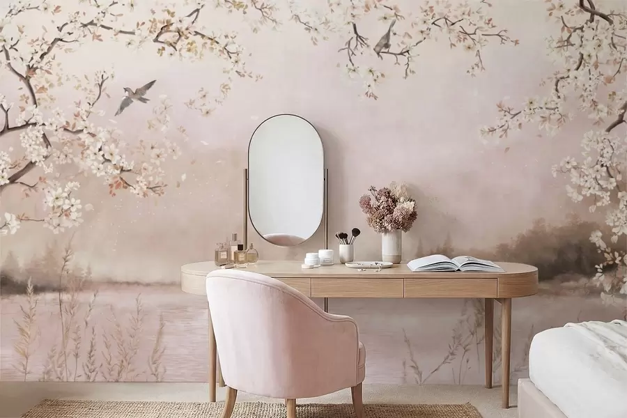 Fotobehang Bloeiende takken boven een rustig meer met vogels in de mist w05155v1