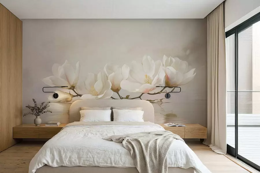 Fotobehang Lichte magnoliabloesems op tak boven waterreflectie w05353