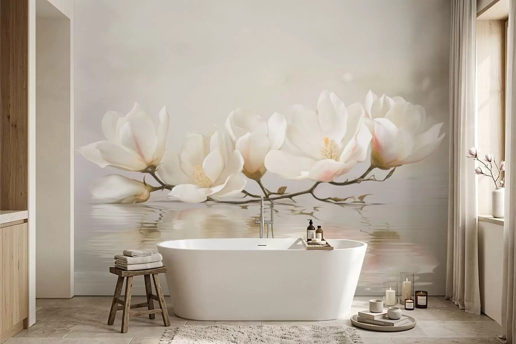 Fotobehang Lichte magnoliabloesems op tak boven waterreflectie w05353
