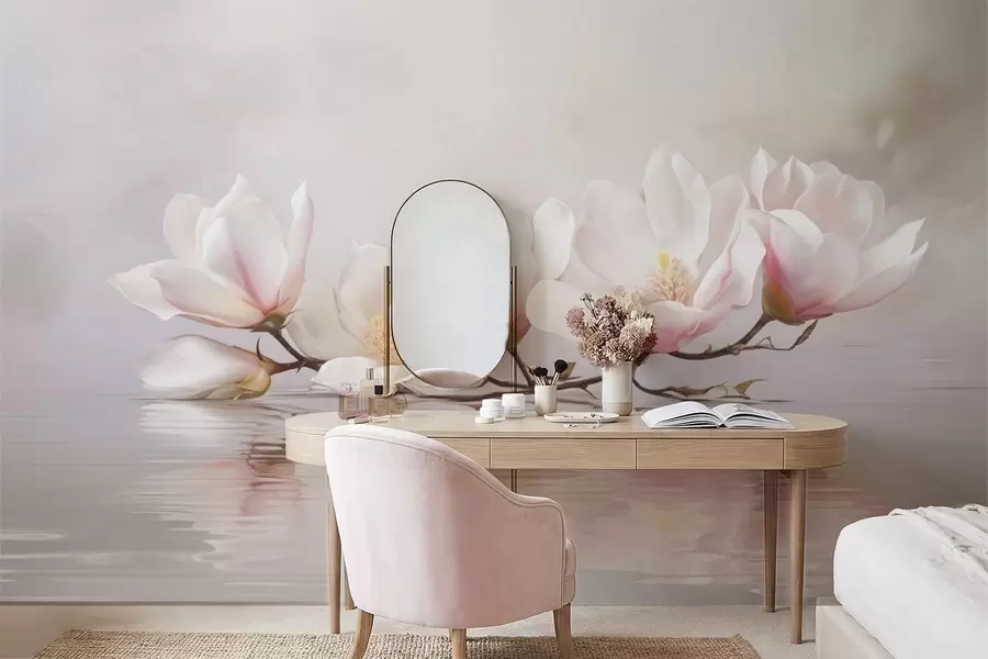 Fotobehang Magnoliatak met bloesems boven een rustige waterreflectie w05353v1