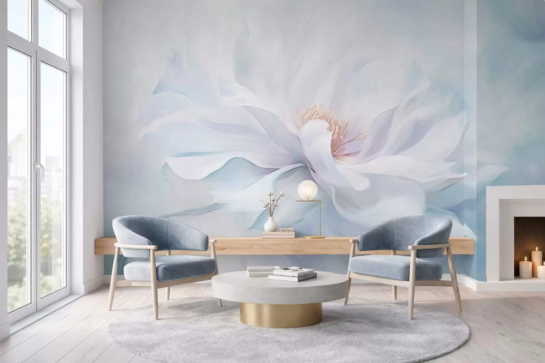 Fotobehang Zachte witte bloem met golvende bloemblaadjes op een blauwe achtergrond w05354