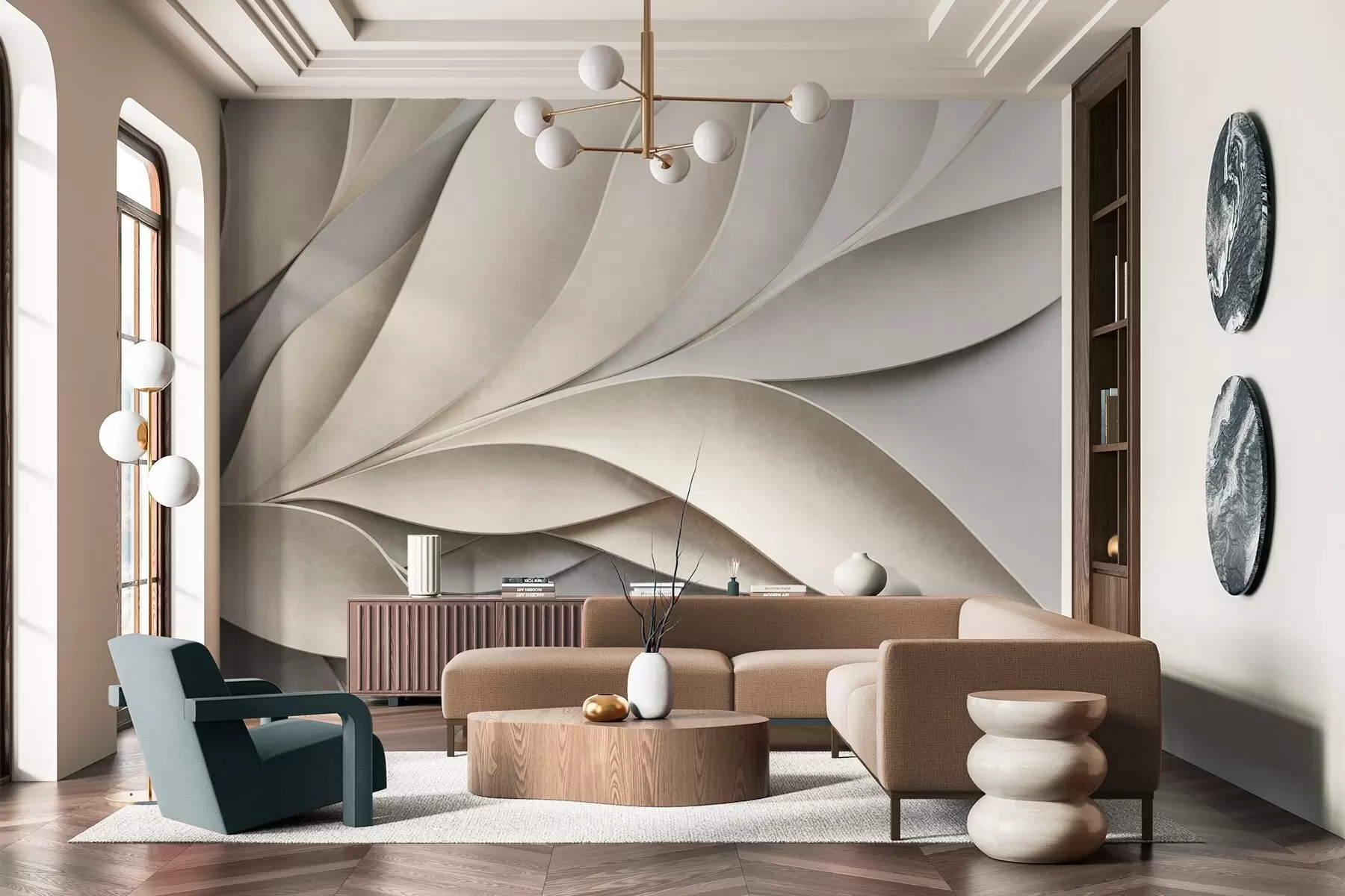 Fotobehang Abstracte bladeren in beige en grijs, gestructureerde moderne kunst w09769