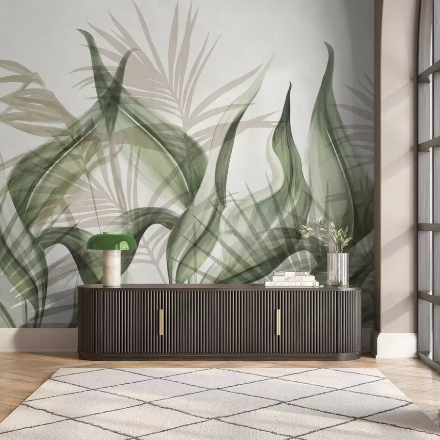 Fotobehang Tropische bladeren in beige en groene tinten tegen een witte achtergrond, gestructureerde aquarelstijl w09772v1