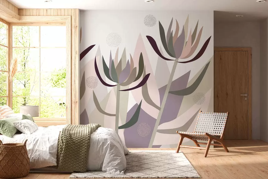 Fotobehang gestileerde proteabloemen in primitieve stijl w05236