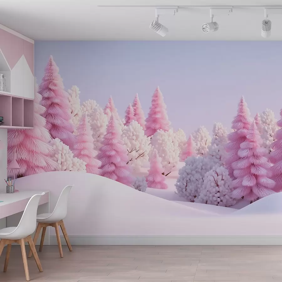 Fotobehang Een besneeuwd winterbos in roze tinten w09654