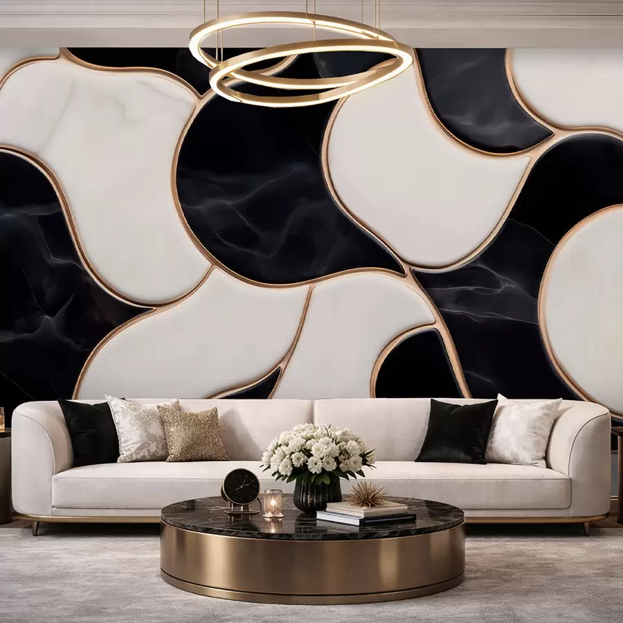 Fotobehang Abstracte imitatie van een marmercompositie in zwart-wittinten met gele lijnen w09733