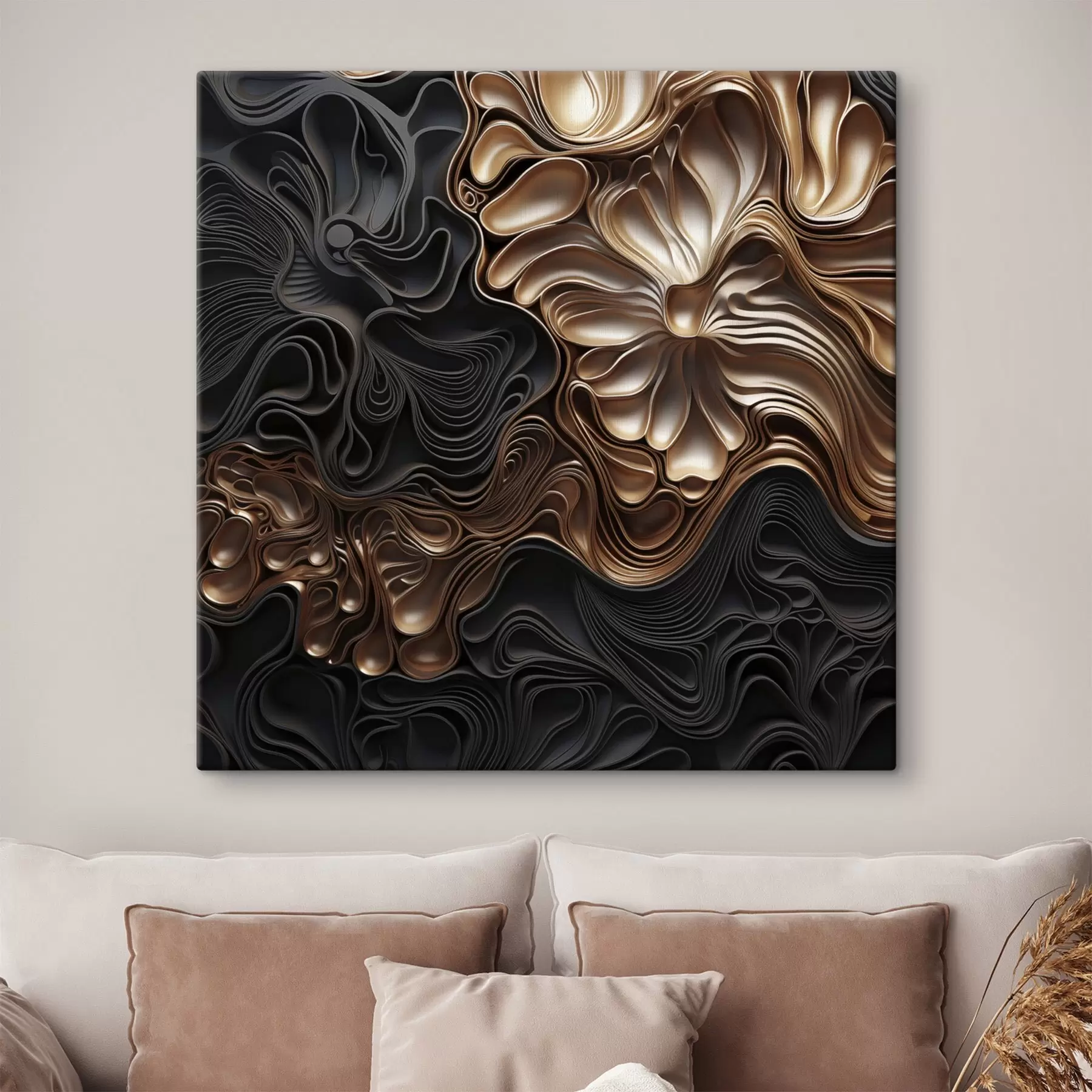  Schilderijen Abstracte, vloeiende, organische donkere vormen die een moderne kunst met textuur vormen s48383