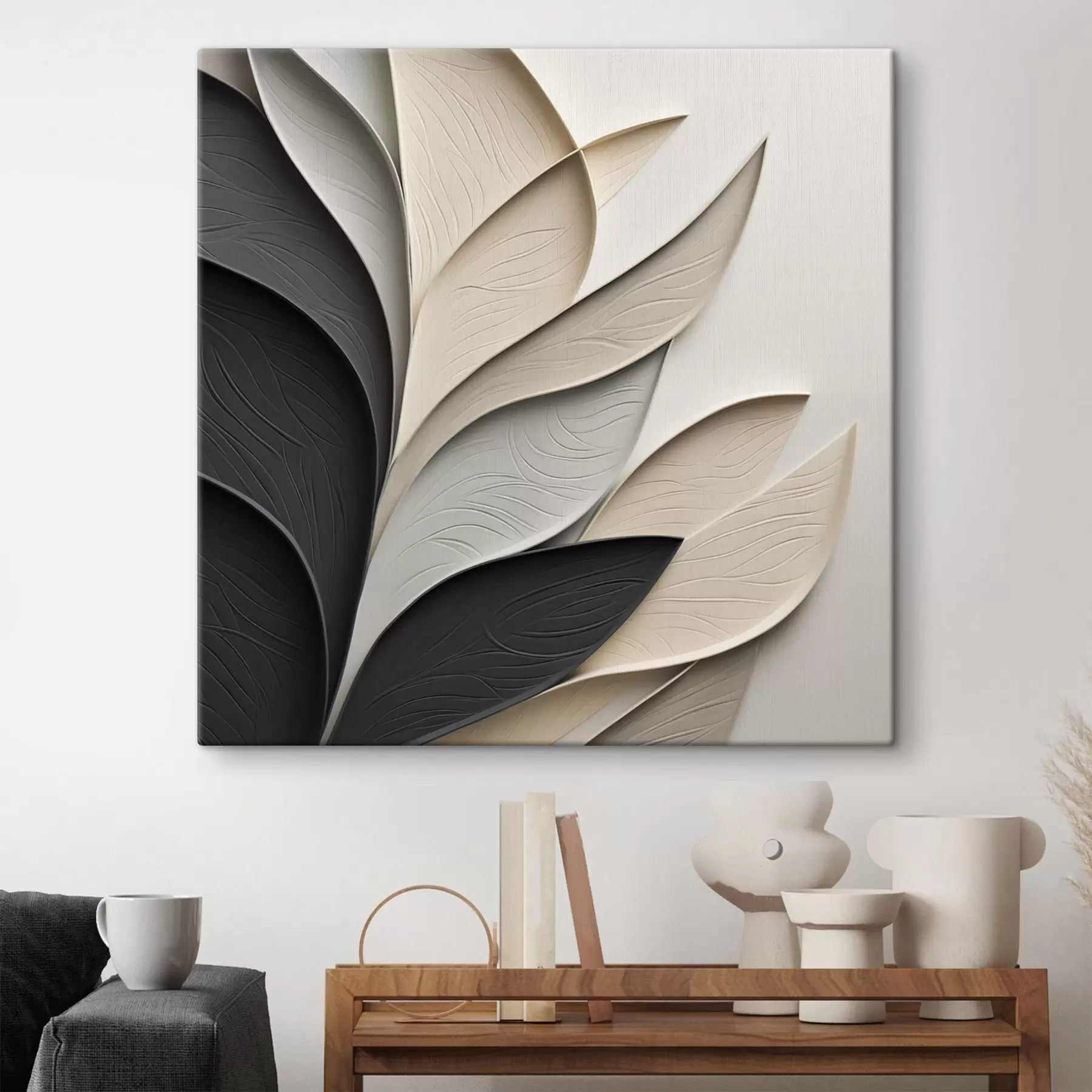 Fotobehang Abstracte compositie van gelaagde bladeren, gebogen vormen in zwart, wit en beige, kunst met textuur s48382