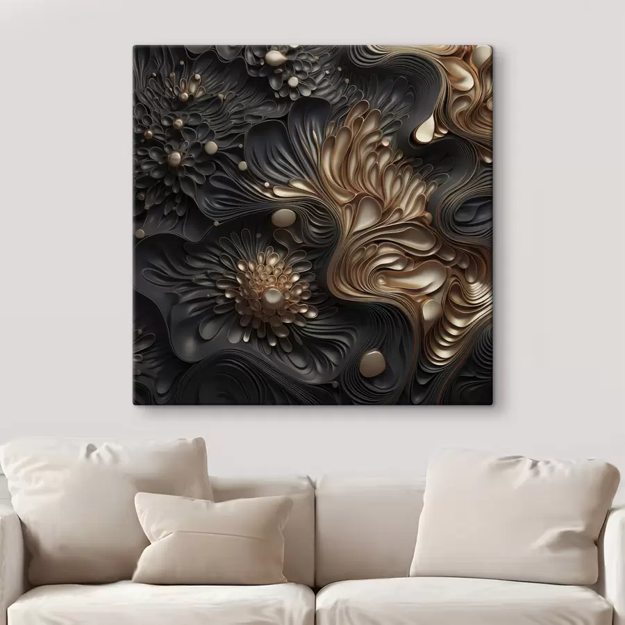  Schilderijen Abstracte, vloeiende, organische donkere vormen die een moderne kunst met textuur vormen s48384