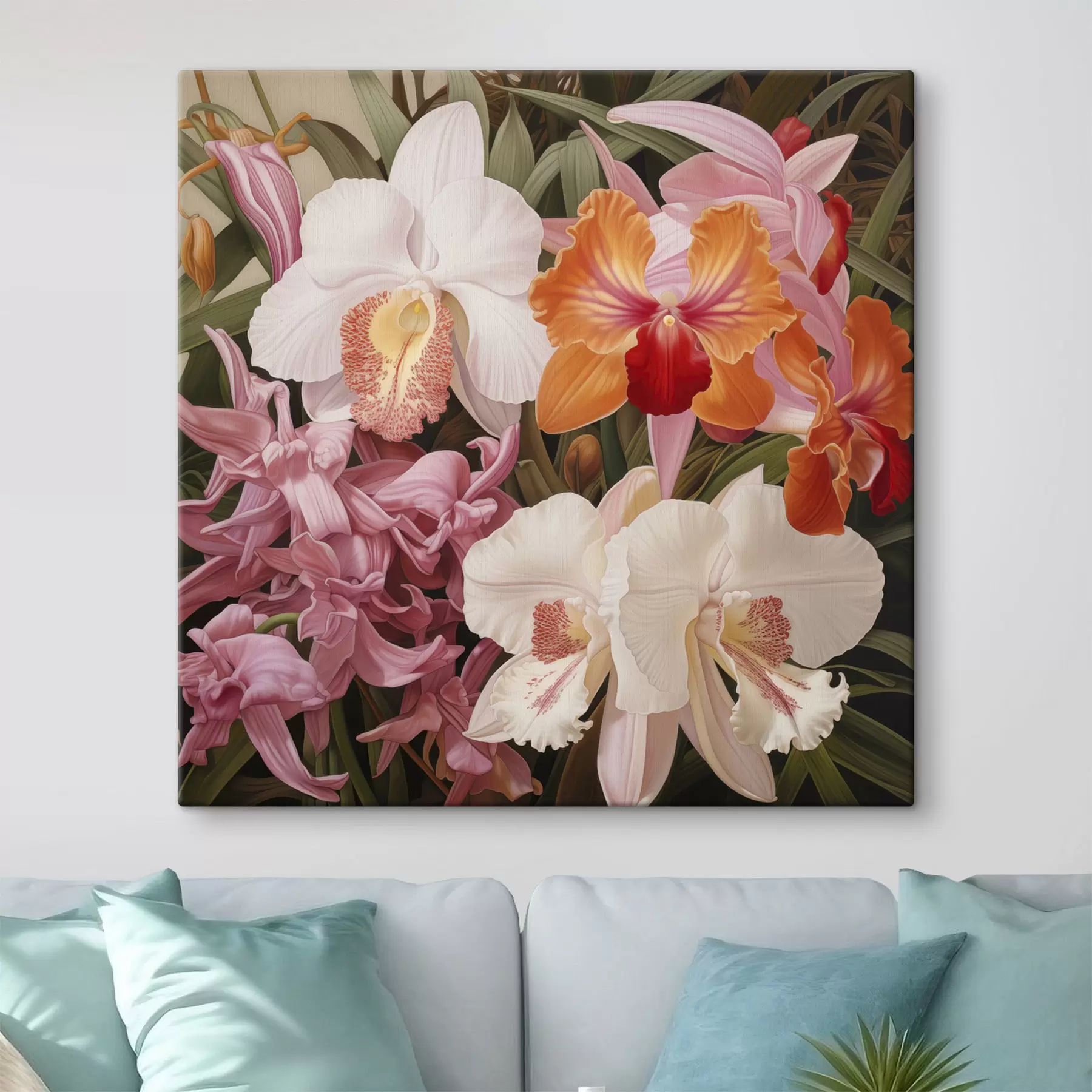  Schilderijen Boeket met tropische bloemen, orchideeën met groen blad op de achtergrond s48385