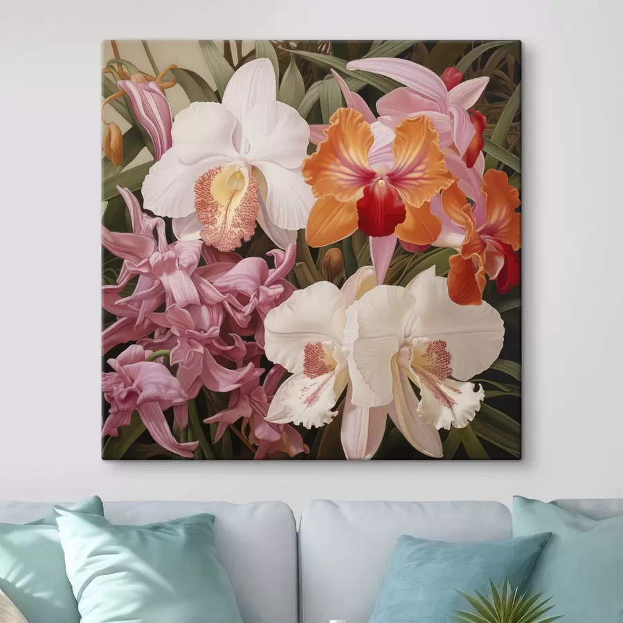  Schilderijen Boeket met tropische bloemen, orchideeën met groen blad op de achtergrond s48385