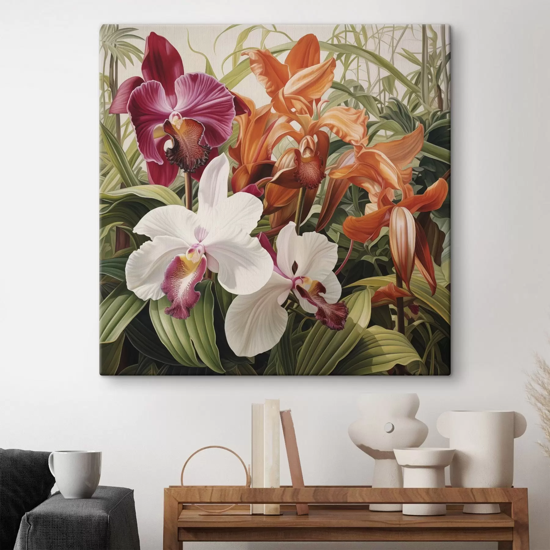 Fotobehang Boeket met tropische bloemen, orchideeën met groen blad op de achtergrond s48386