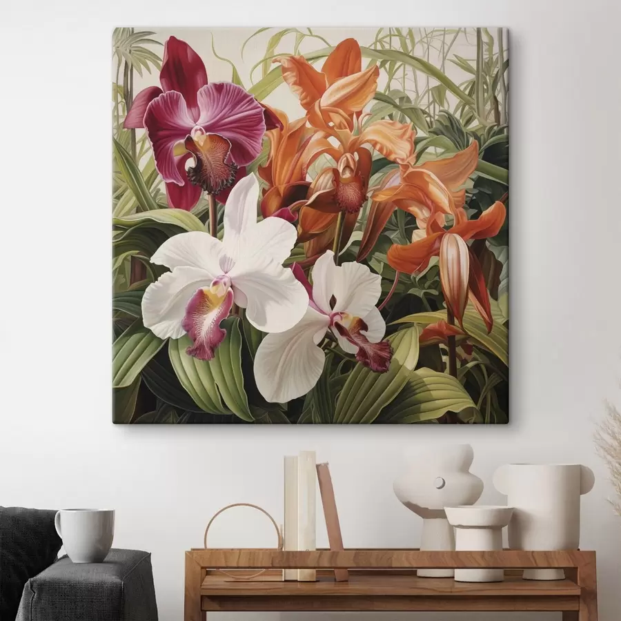  Schilderijen Boeket met tropische bloemen, orchideeën met groen blad op de achtergrond s48386