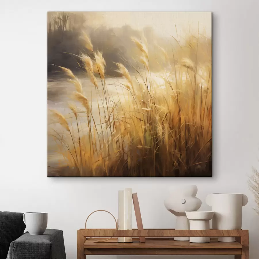  Schilderijen Hoog, droog gras met aartjes op de voorgrond, met op de achtergrond een meer en bomen s48394