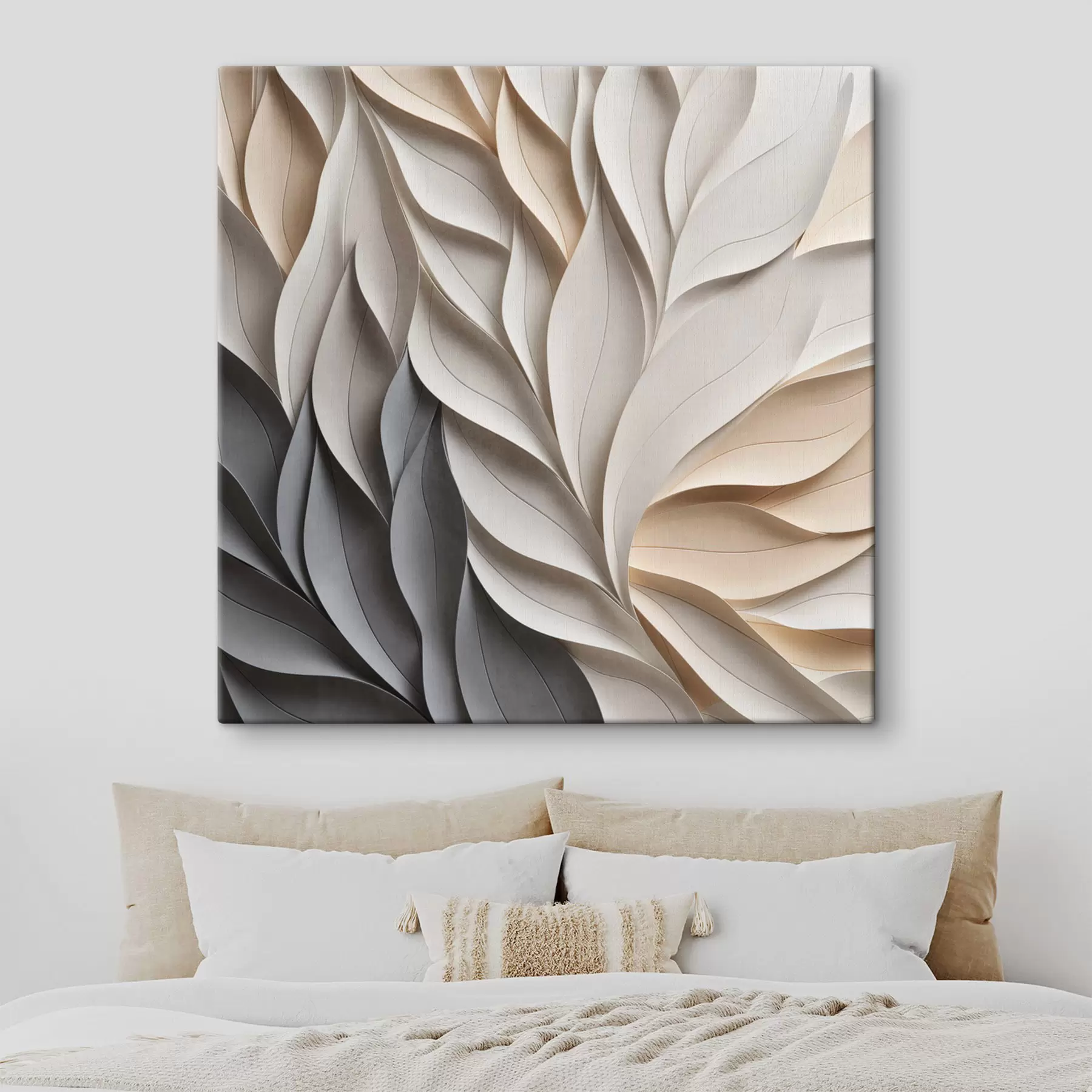  Schilderijen Een gestructureerd patroon van overlappende abstracte bladvormen in neutrale tinten van beige, crème en grijs s48407