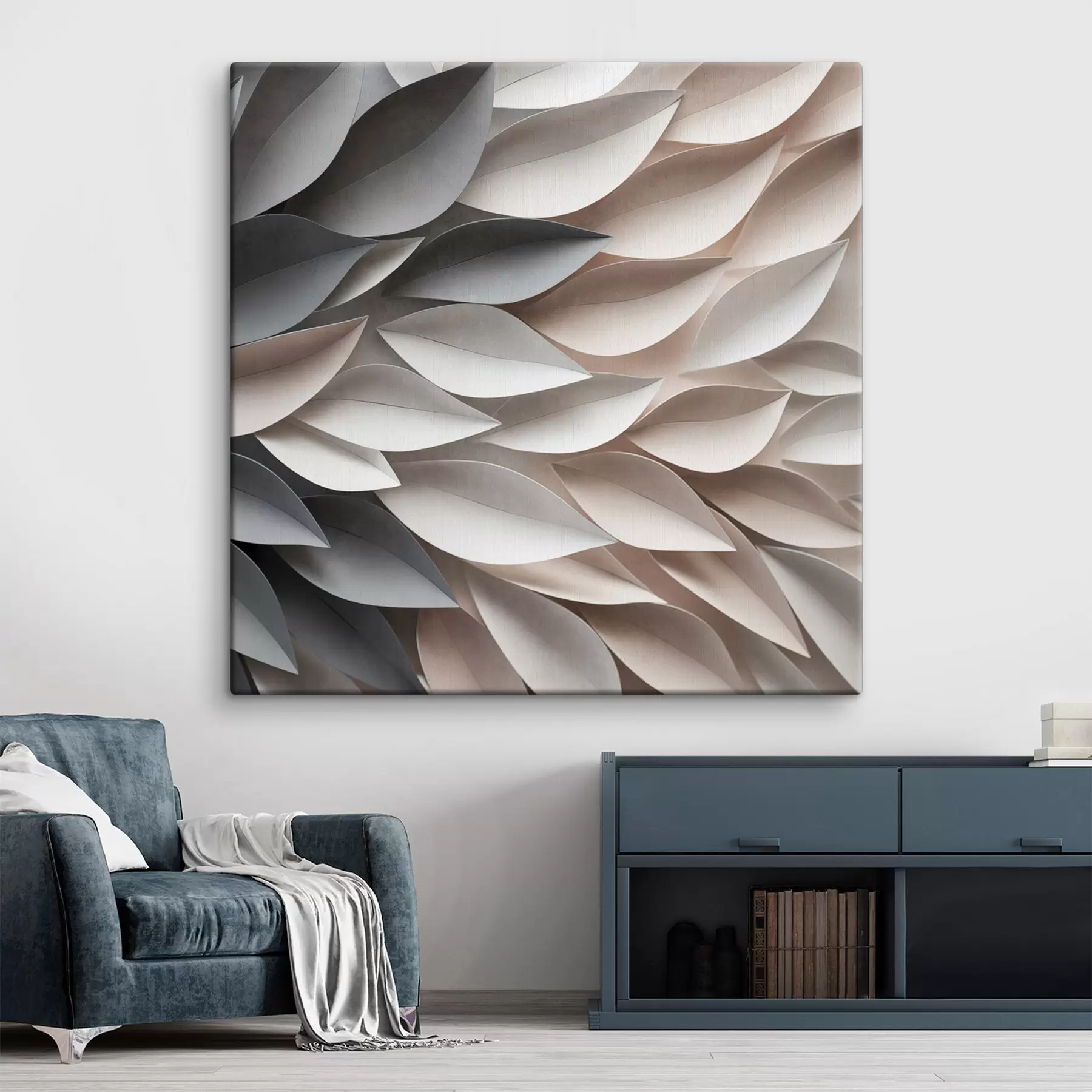 Fotobehang Een gestructureerd patroon van overlappende abstracte bladvormen in neutrale tinten van beige, crème en grijs s48408