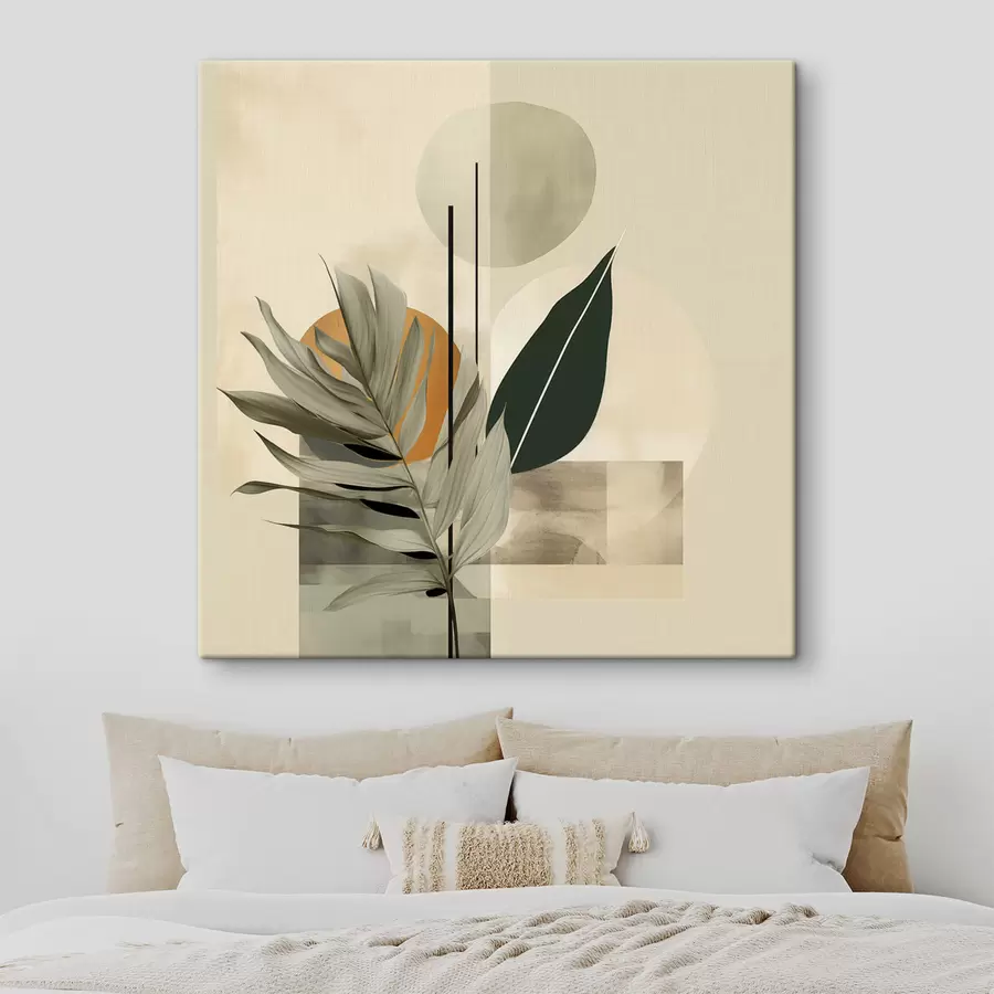  Schilderijen Een donkergroene plant met abstracte geometrische vormen en aquarelachtige texturen in beige en groen s48410