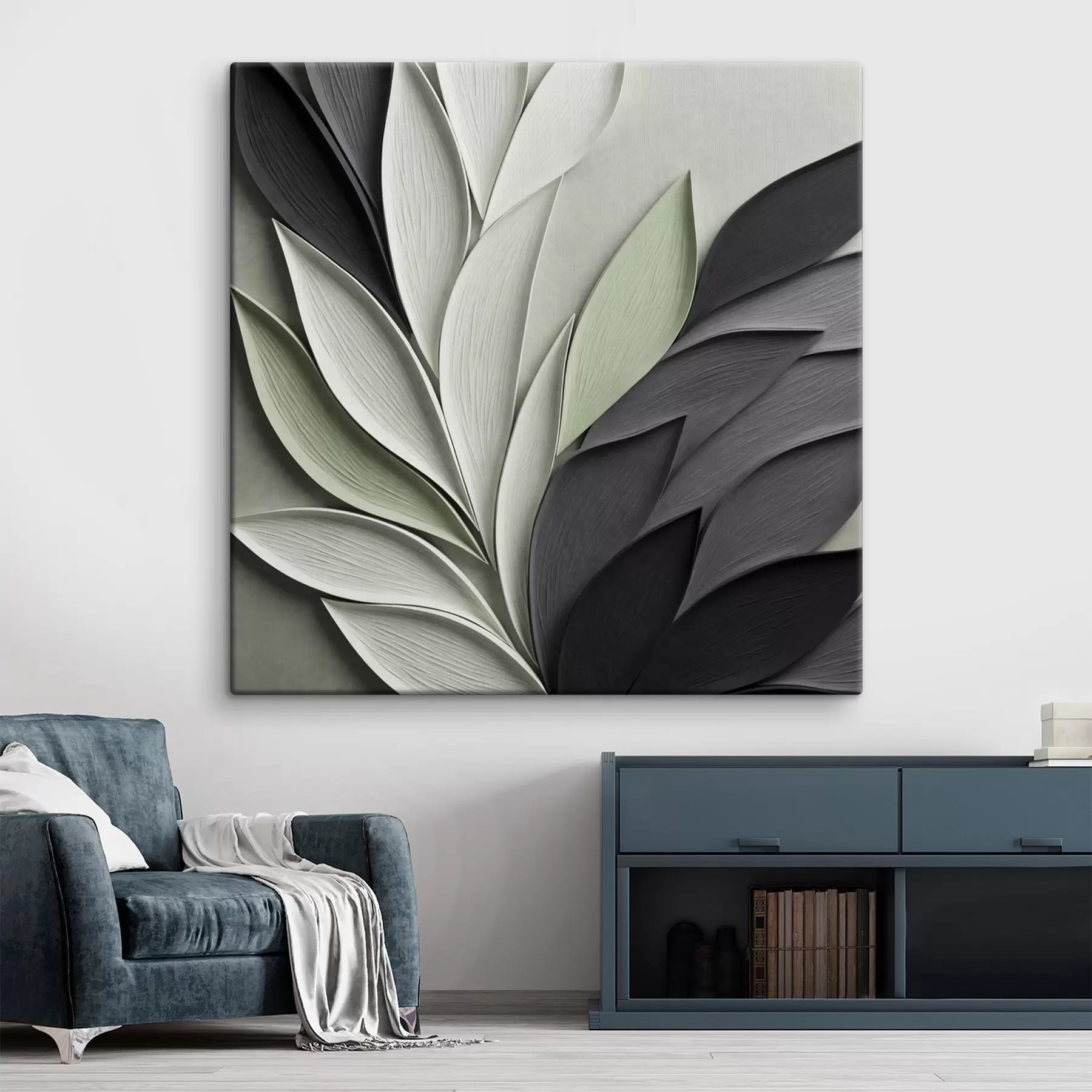 Fotobehang Abstracte, gestileerde bladeren in grijstinten, wit en gedempt groen s48411