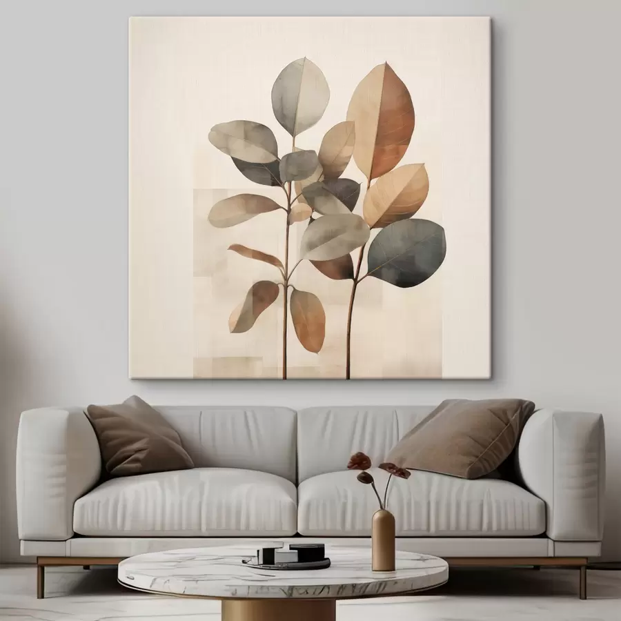  Schilderijen Hoge planten met ovale bladeren in ingetogen tinten en abstracte rechthoekige vormen s48413