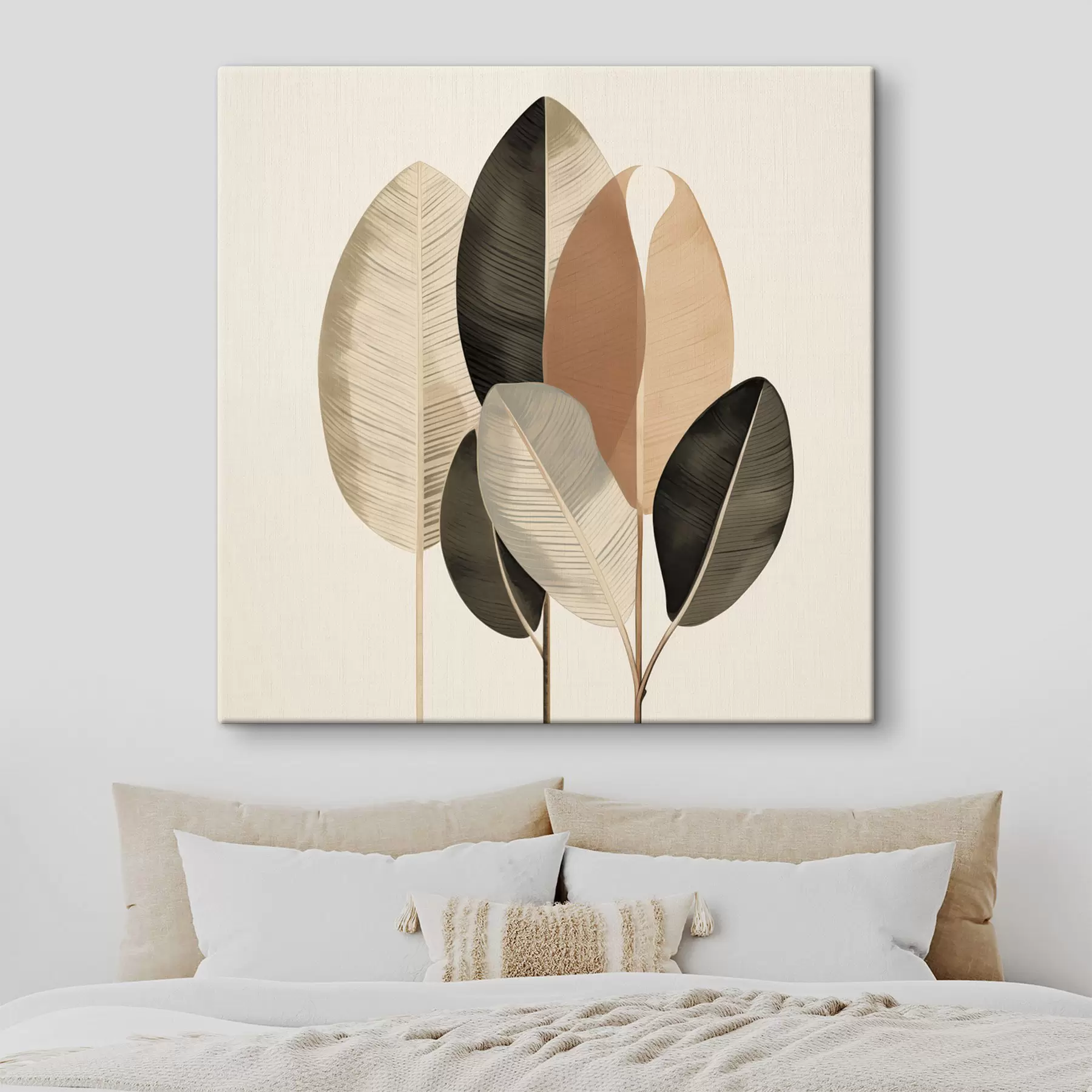  Schilderijen Hoge planten met ovale bladeren in ingetogen tinten en abstracte rechthoekige vormen s48414