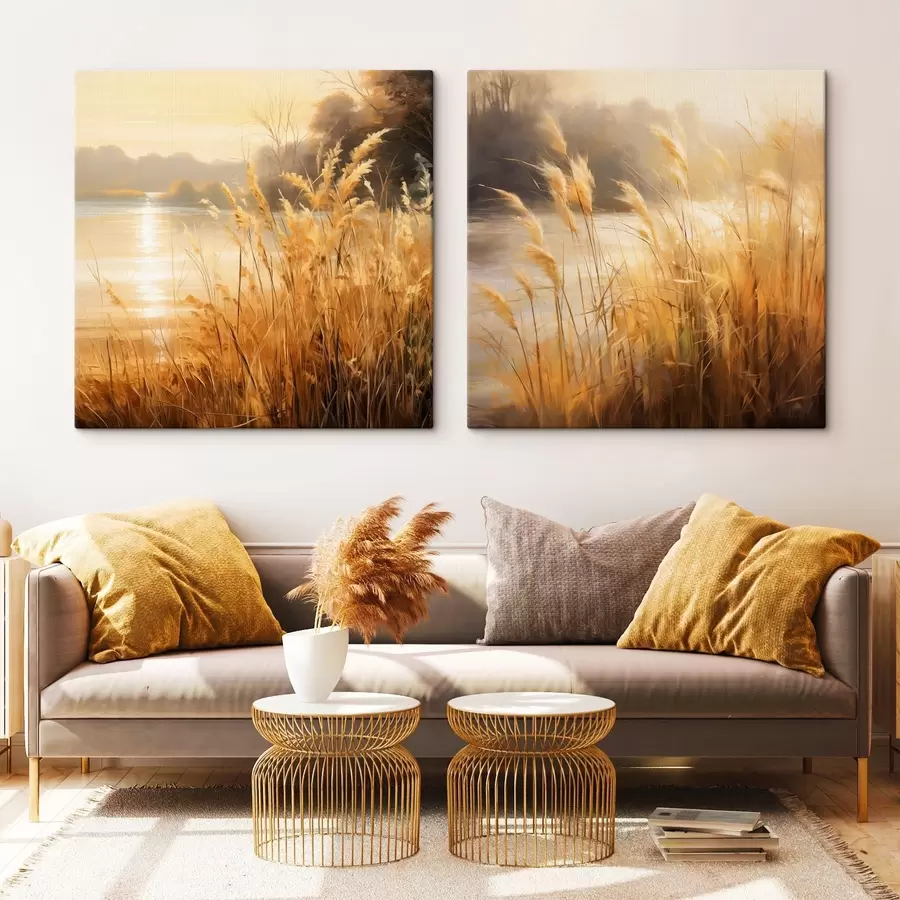  Schilderijen Hoog, droog gras met aartjes op de voorgrond, met op de achtergrond een meer en bomen m30201