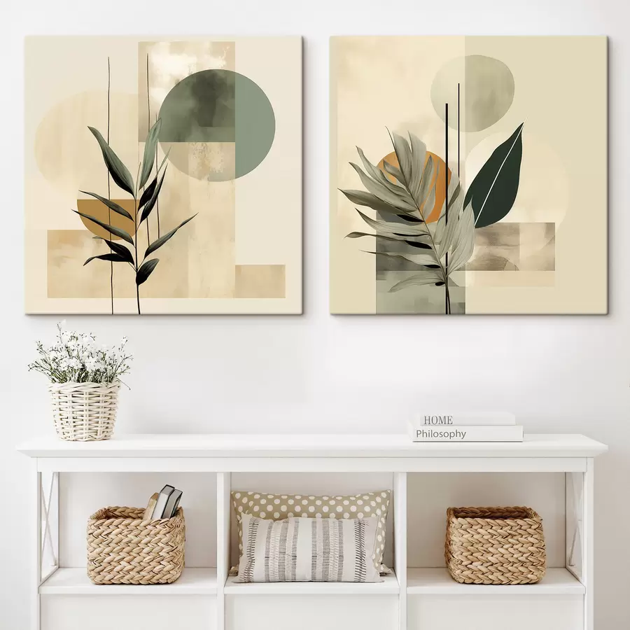 Fotobehang Een donkergroene plant met abstracte geometrische vormen en aquarelachtige texturen in beige en groen m30209