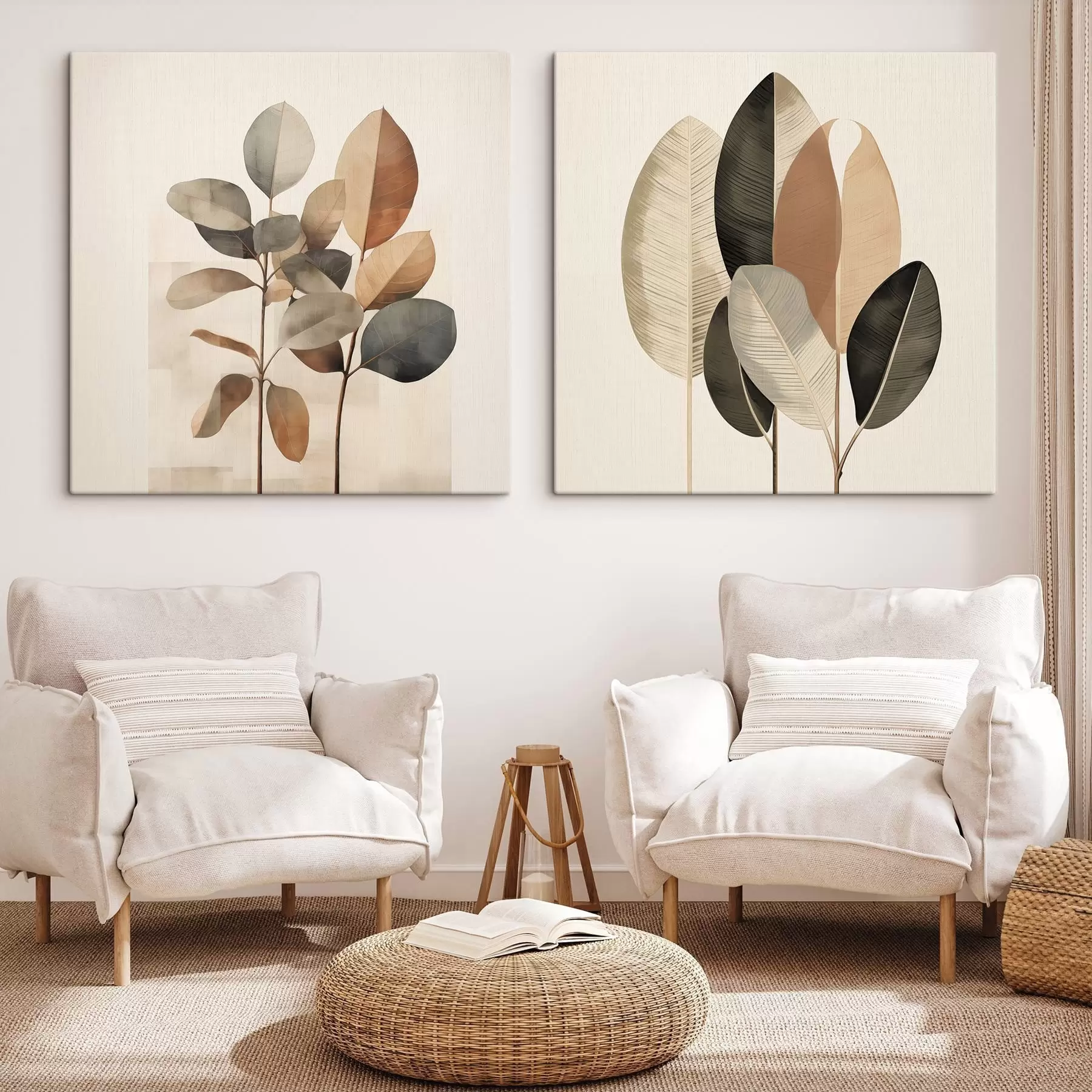  Schilderijen Hoge planten met ovale bladeren in ingetogen tinten en abstracte rechthoekige vormen m30211