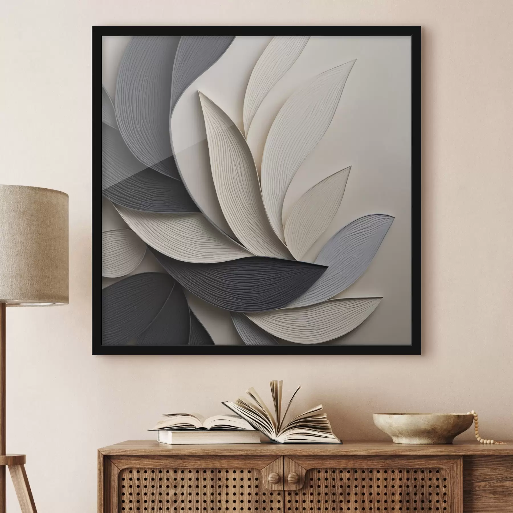 Fotobehang Abstracte compositie van gelaagde bladeren, gebogen vormen in zwart, wit en beige, kunst met textuur f48381