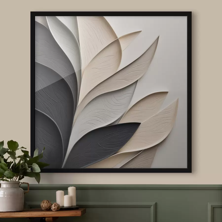 Fotobehang Abstracte compositie van gelaagde bladeren, gebogen vormen in zwart, wit en beige, kunst met textuur f48382