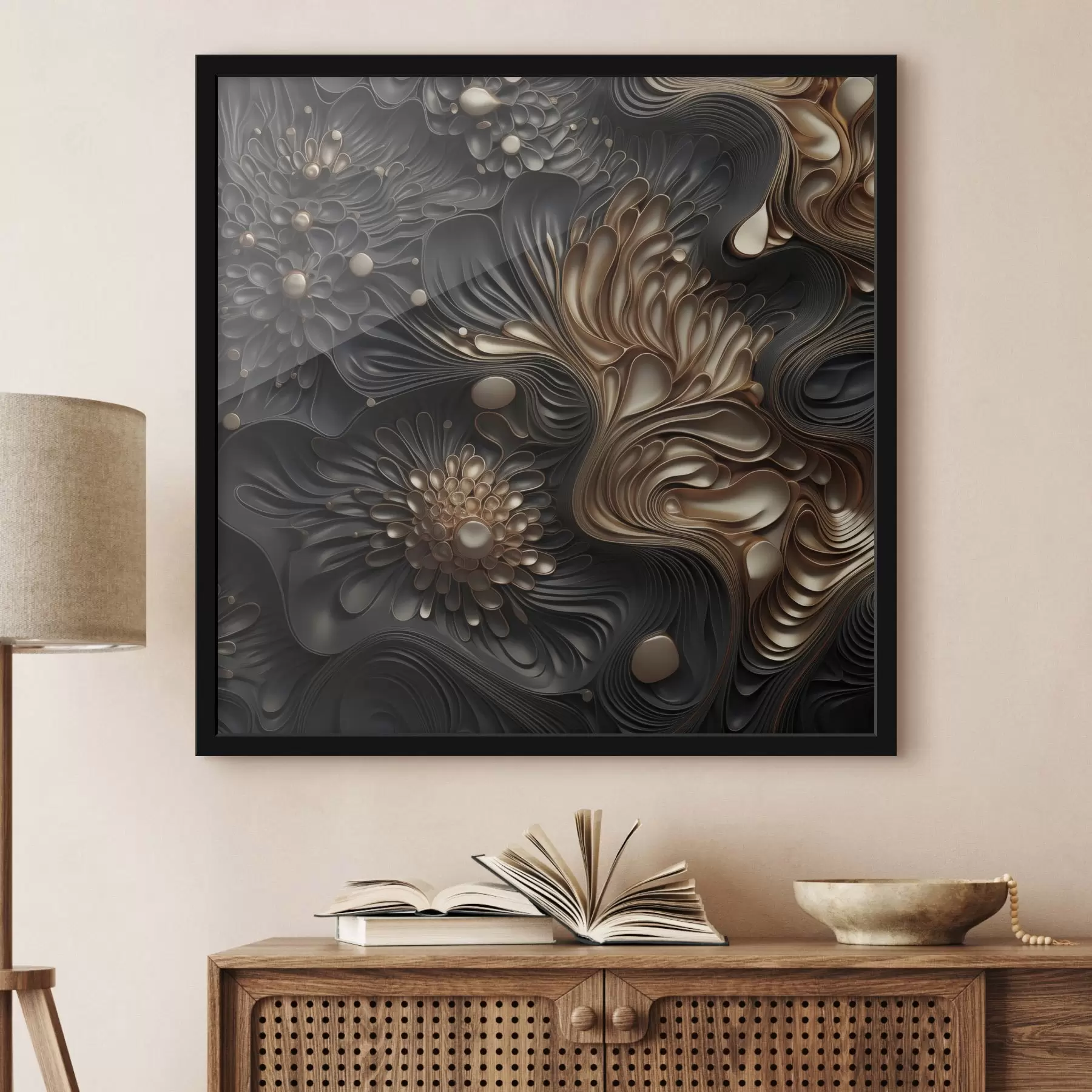 Fotobehang Abstracte, vloeiende, organische donkere vormen die een moderne kunst met textuur vormen f48384