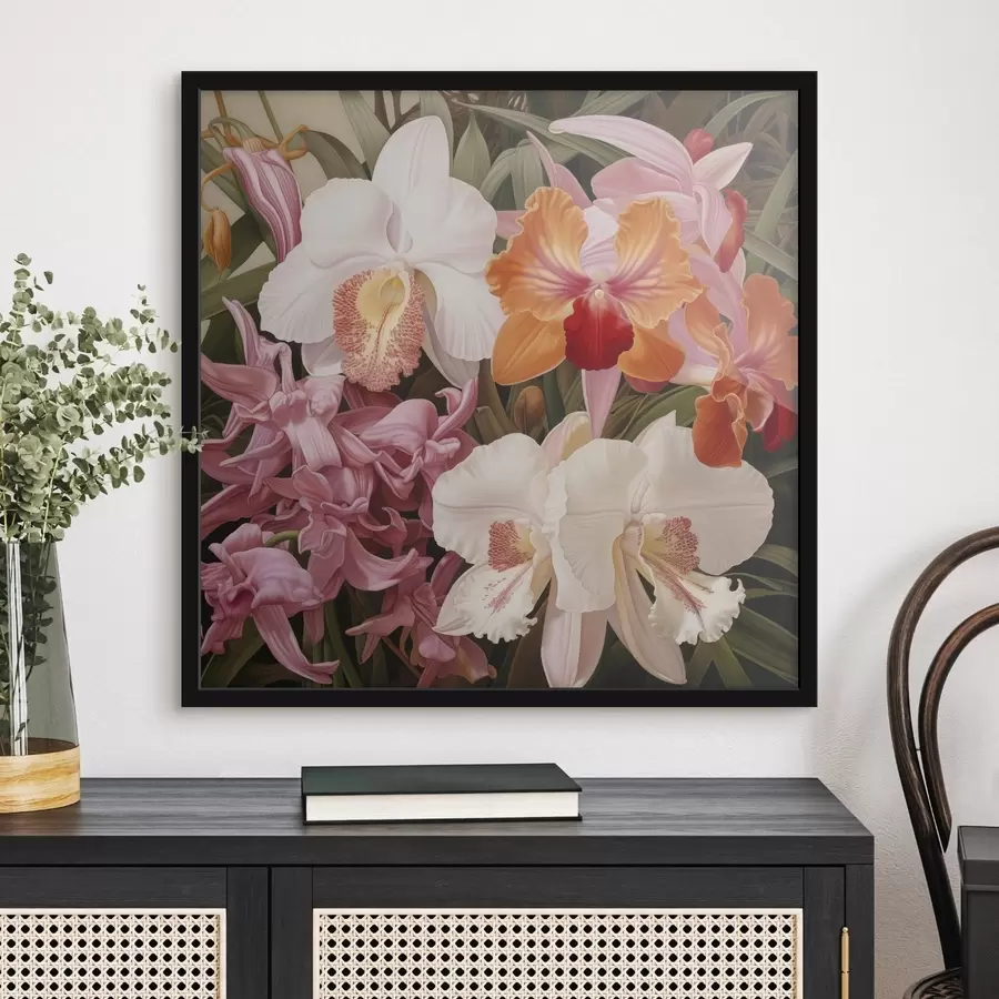 Fotobehang Boeket met tropische bloemen, orchideeën met groen blad op de achtergrond f48385
