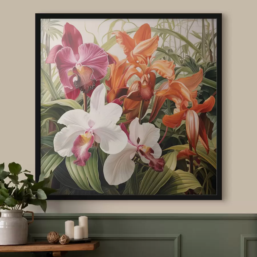 Fotobehang Boeket met tropische bloemen, orchideeën met groen blad op de achtergrond f48386