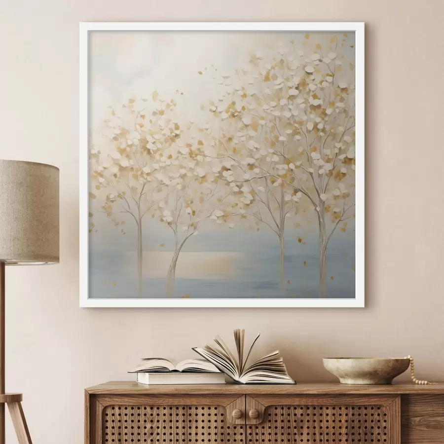 Fotobehang Een schilderij met een gestructureerde stijl, waarop bomen met witte en gele bladeren zijn afgebeeld tegen een lichtblauwe achtergrond f48392