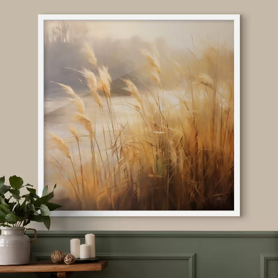 Fotobehang Hoog, droog gras met aartjes op de voorgrond, met op de achtergrond een meer en bomen f48394