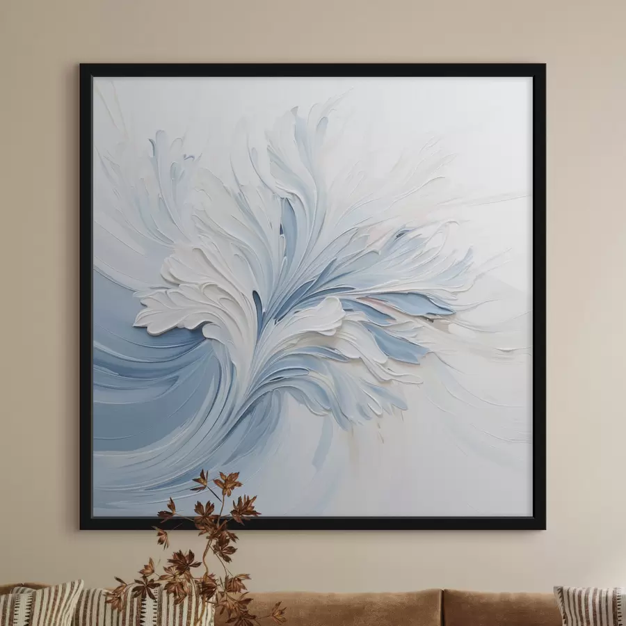 Fotobehang Een abstract bloemmotief in wit en lichtblauw met bloemblaadjes met textuur en wervelende lijnen f48395