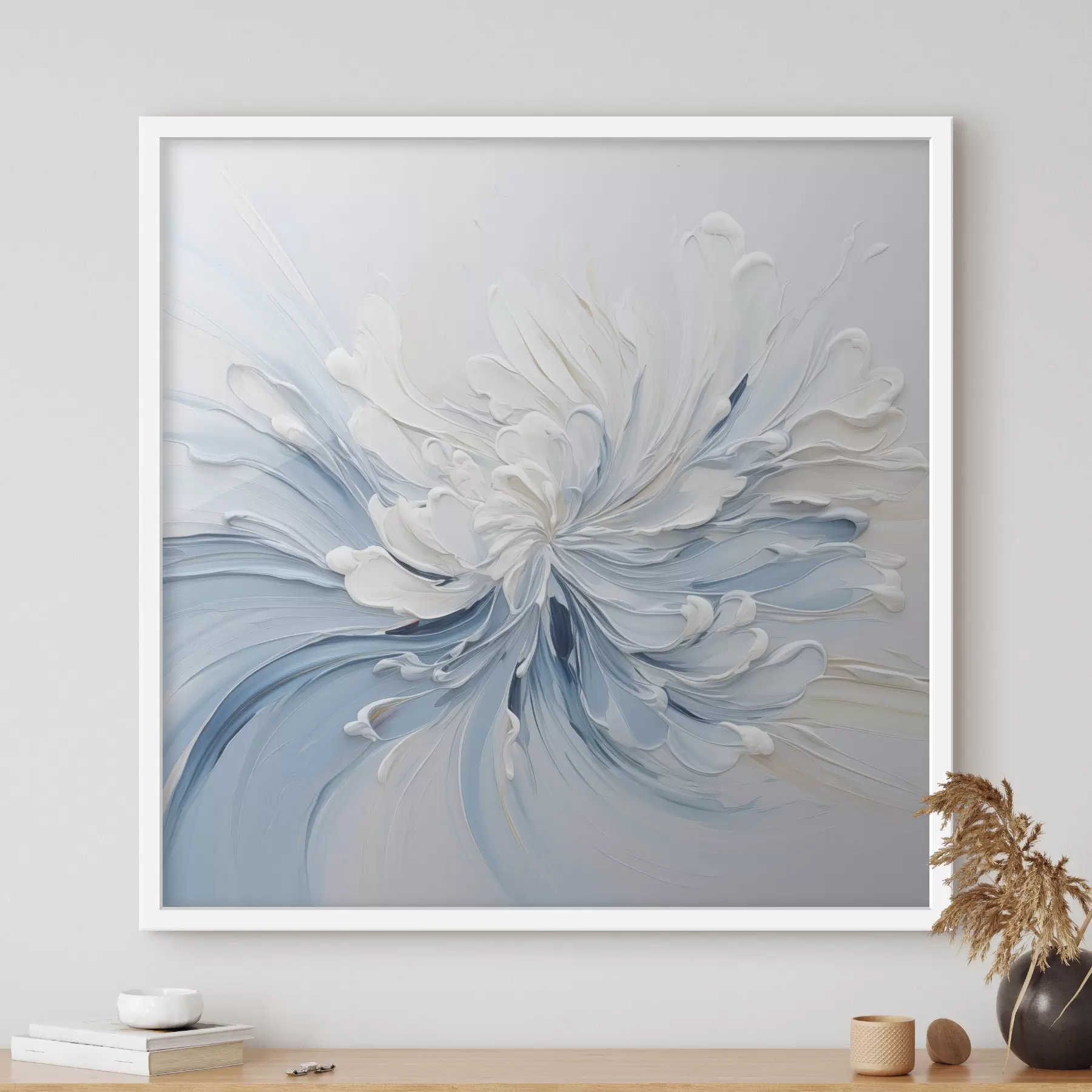 Fotobehang Een abstract bloemmotief in wit en lichtblauw met bloemblaadjes met textuur en wervelende lijnen f48396