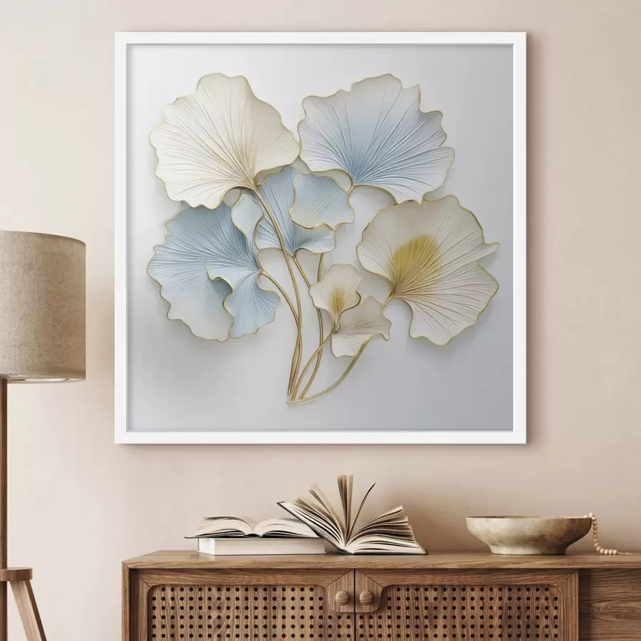 Fotobehang Gestileerde ginkgobladeren met blauwe en gele accenten f48398