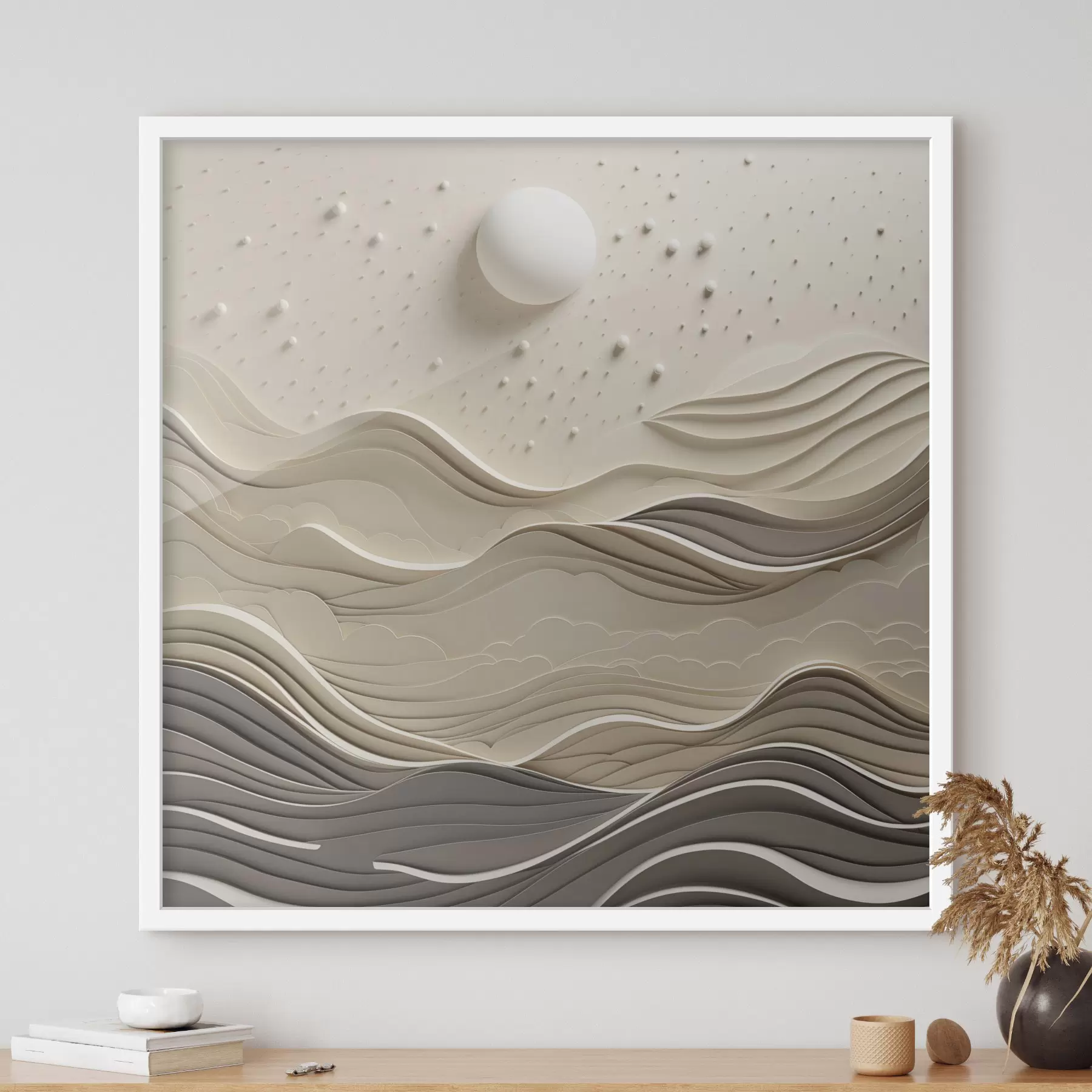Fotobehang Een minimalistisch, gestileerd landschap met glooiende heuvels en een grote maan aan een sterrenhemel, abstracte kunst f48402