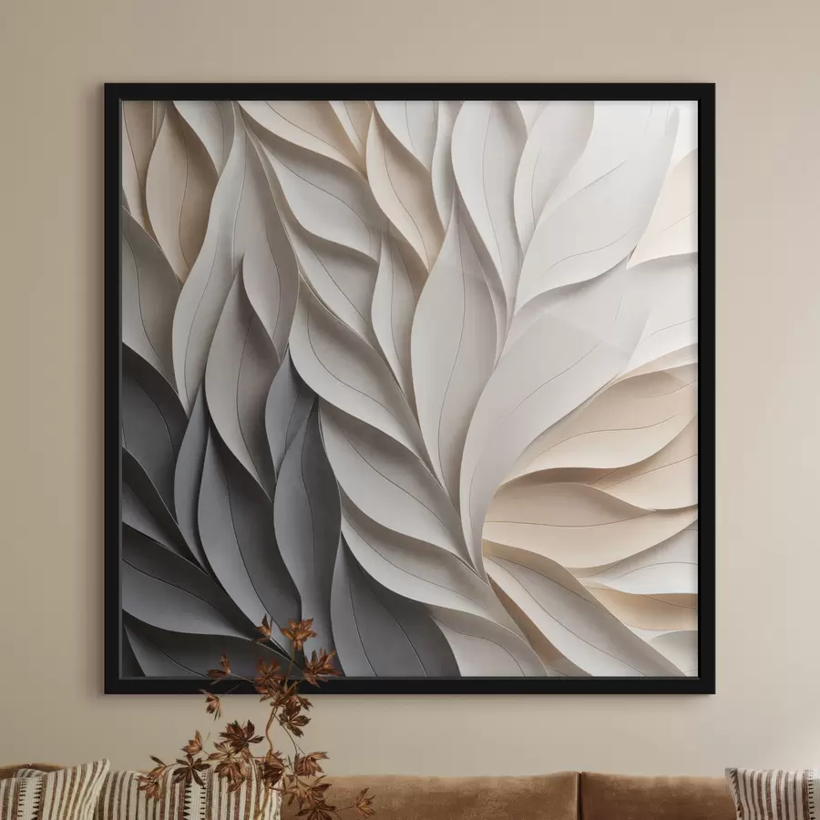 Fotobehang Een gestructureerd patroon van overlappende abstracte bladvormen in neutrale tinten van beige, crème en grijs f48407