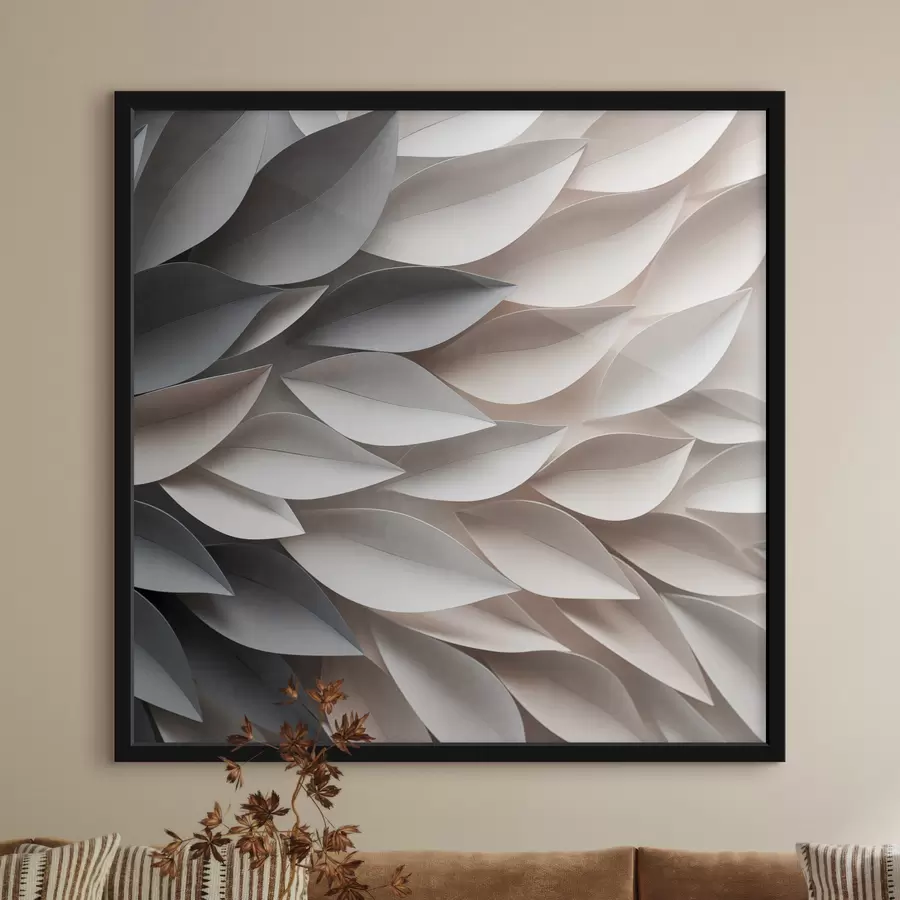 Fotobehang Een gestructureerd patroon van overlappende abstracte bladvormen in neutrale tinten van beige, crème en grijs f48408