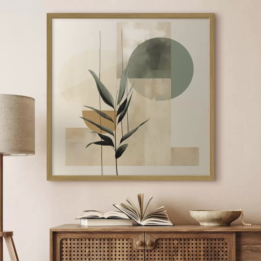 Fotobehang Een donkergroene plant met abstracte geometrische vormen en aquarelachtige texturen in beige en groen f48409