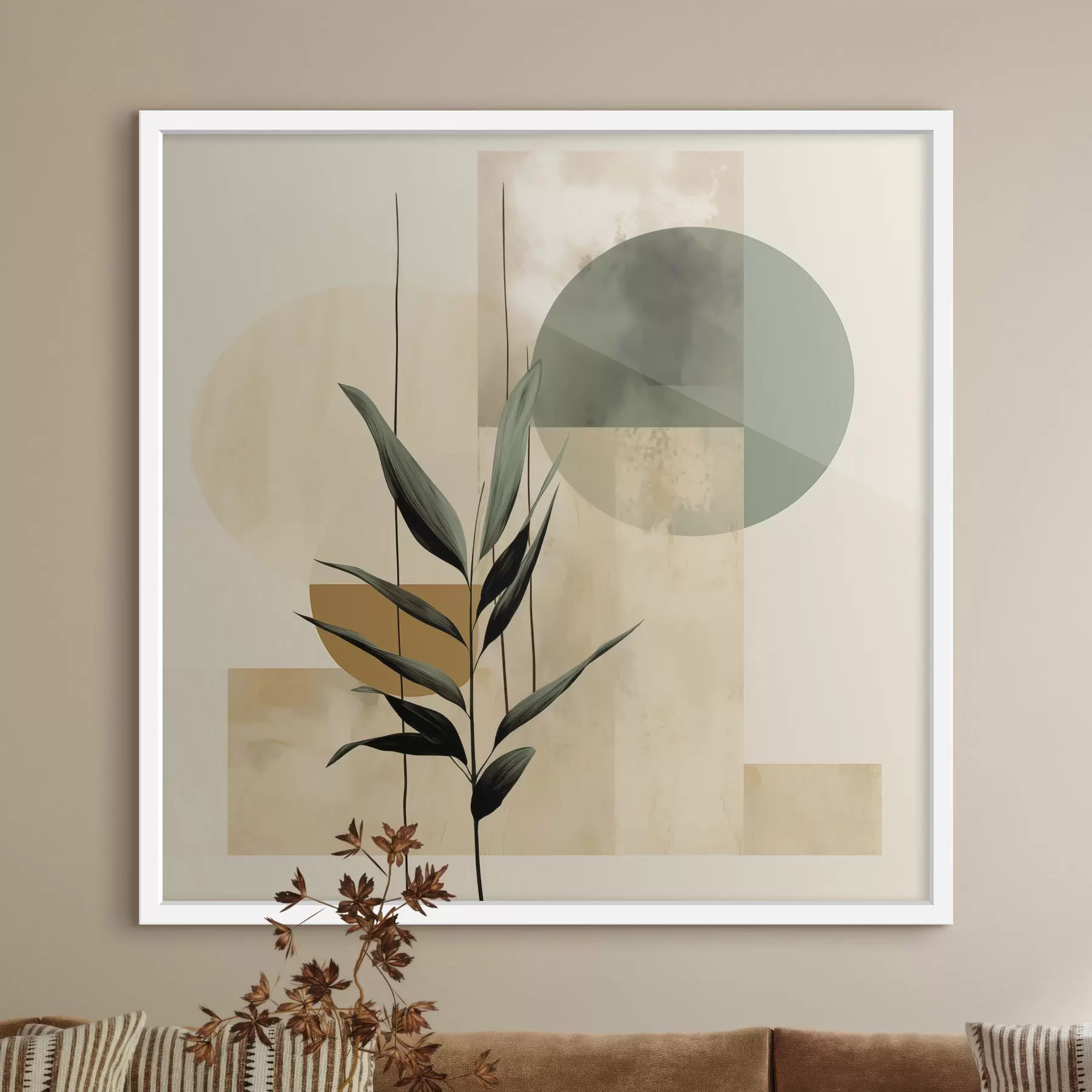 Fotobehang Een donkergroene plant met abstracte geometrische vormen en aquarelachtige texturen in beige en groen f48409