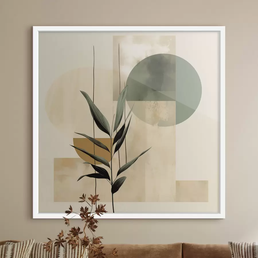 Fotobehang Een donkergroene plant met abstracte geometrische vormen en aquarelachtige texturen in beige en groen f48409