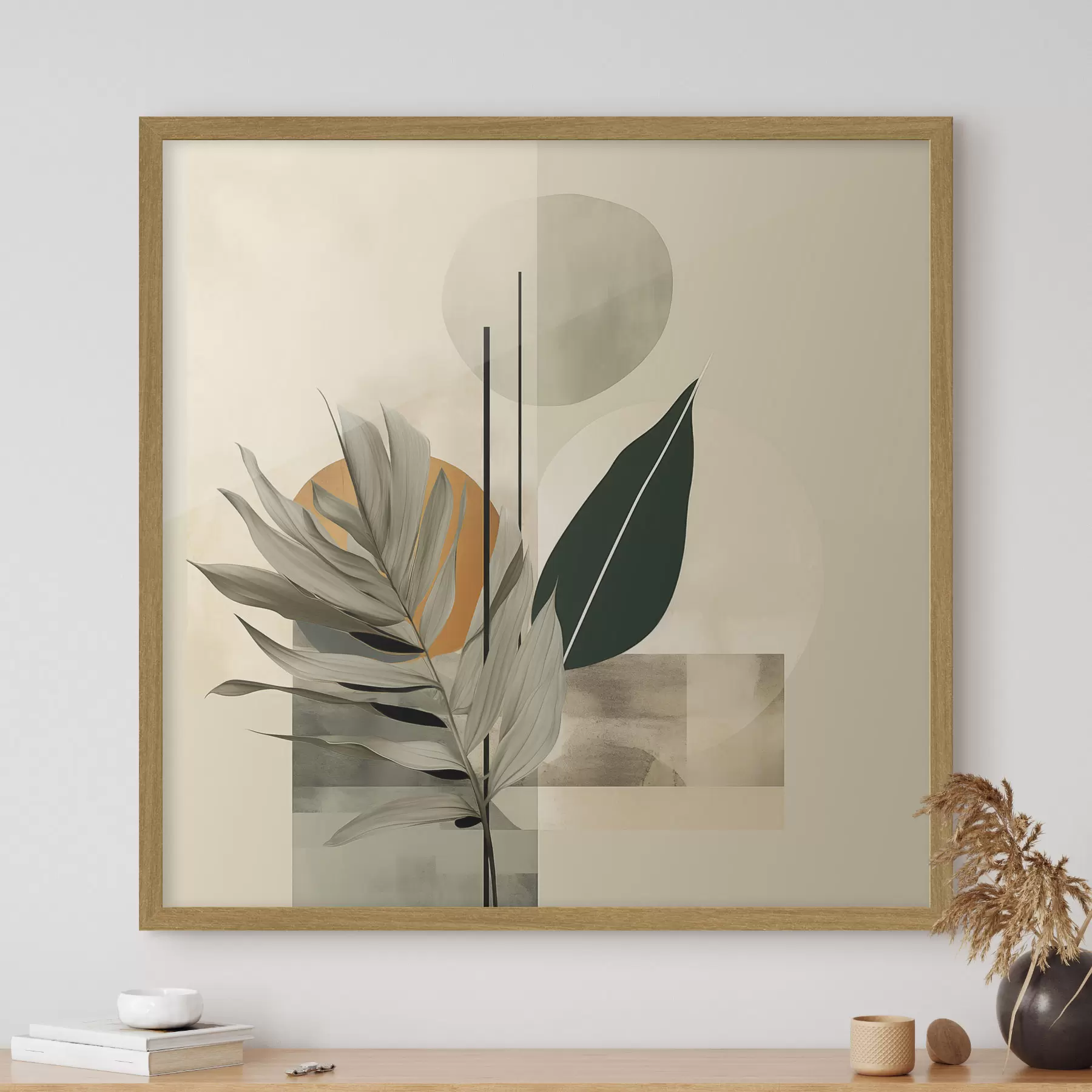 Fotobehang Een donkergroene plant met abstracte geometrische vormen en aquarelachtige texturen in beige en groen f48410